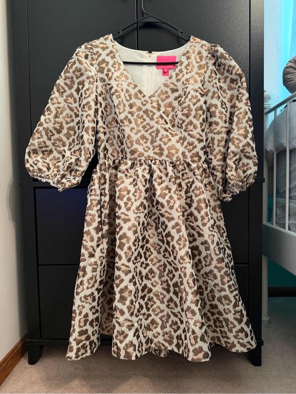 Lilly Pulitzer Cream and Brown Leopard Print Puff-Sleeve Dress